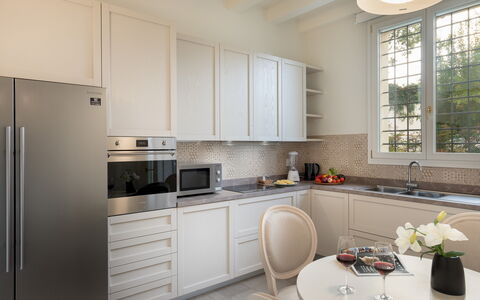 Villa Pergola 8: Kitchen, Kitchen Appliance, Furniture, Interior Design, Countertop, Cabinetry, Flooring, Major Appliance, Wood, Home