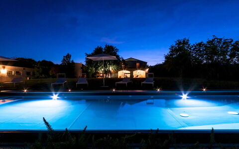 La Casa nei Vigneti 10: Swimming Pool, Blue, Water, Resort, Night, Thermae, Composite Material, Landscape Lighting, Water Feature, Eco Hotel