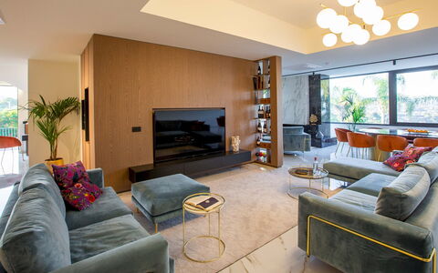 Villa Ingrid 12: Furniture, Interior Design, Flooring, Couch, Floor, Wall, Living Room, Wood, Ceiling, Table