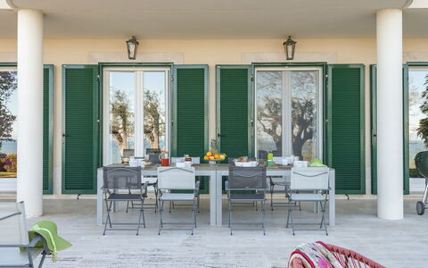 Villa Lucente 6+2: Furniture, Outdoor Furniture, Chair, Shade, Outdoor Table, Kitchen & Dining Room Table, Patio, Outdoor Structure, Porch, Design