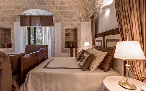 Masseria Tarsia Incuria 8+4: Furniture, Interior Design, Bedroom, Ceiling, Flooring, Bed, Floor, Lighting, Room, Light Fixture