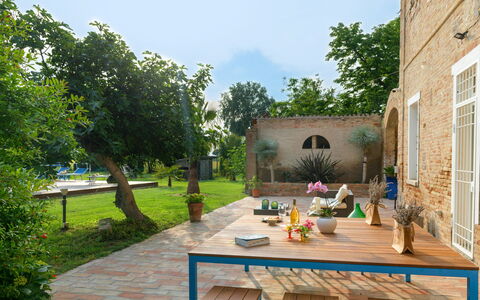 Villa Rustica 8: Furniture, Chair, Outdoor Furniture, Table, Garden, Outdoor Table, Brick, Backyard, Patio, Shade