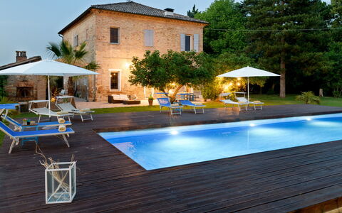 Villa Rustica 8: Swimming Pool, Blue, Resort, Outdoor Furniture, Furniture, Sunlounger, Umbrella, Chair, Thermae, Estate