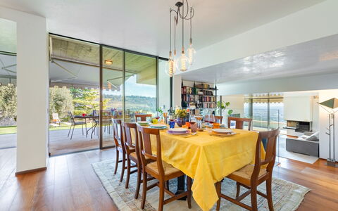 Villa degli Ulivi 8: Furniture, Interior Design, Flooring, Dining Room, Kitchen & Dining Room Table, Chair, Ceiling, Table, Floor, Room