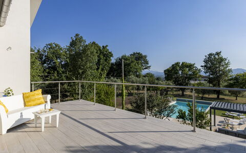 Villa Petrillo 6: Porch, Wood Flooring, Composite Material, Shade, Deck, Outdoor Furniture, Swimming Pool, Eco Hotel, Garden, Resort