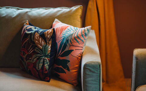 Villa Sumac 6: Cushion, Textile, Throw Pillow, Orange, Pillow, Pink, Living Room, Linens, Couch, Floral Design