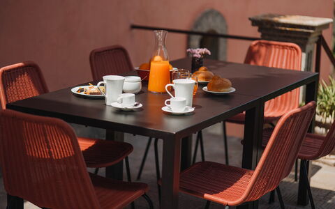 Villa Sumac 6: Furniture, Table, Chair, Outdoor Table, Wood Stain, Outdoor Furniture, Restaurant, Design, Dining Room, Coffee Table