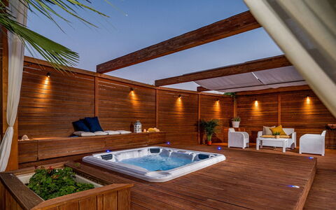 Villa Cutrera 8: Wood, Flooring, Furniture, Interior Design, Floor, Lighting, Resort, Deck, Swimming Pool