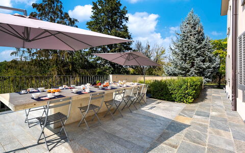 Villa Boemia 10: Furniture, Chair, Outdoor Furniture, Table, Outdoor Table, Kitchen & Dining Room Table, Shade, Umbrella, Garden, Patio