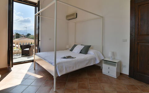 Villa Afrodite 8: Interior Design, Bed, Furniture, Bedroom, Flooring, Floor, Wood, Ceiling, Bedding, Bed Sheet