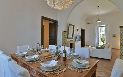 Villa Afrodite 8: Furniture, Interior Design, Chair, Table, Flooring, Ceiling, Dining Room, Lighting, Kitchen & Dining Room Table, Room