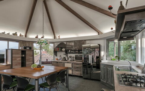 Villa Eden 8: Interior Design, Ceiling, Wood, Kitchen, Furniture, Light Fixture, Countertop, Lighting, Home Appliance, Cabinetry