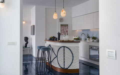 Villa Ponti 6: Furniture, Interior Design, Flooring, Wall, Light Fixture, Kitchen, Countertop, Floor, Wood, Ceiling