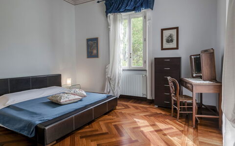 Villa Liberty Albisola 6+2: Furniture, Interior Design, Bed, Floor, Flooring, Bedroom, Wood, Bed Sheet, Room, Bedding