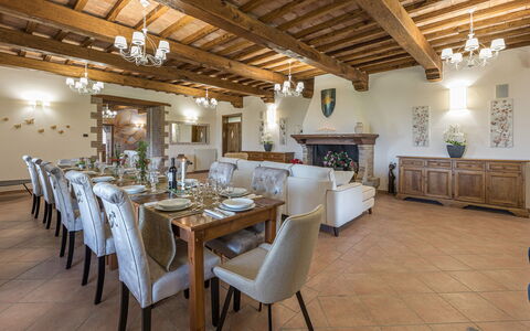Tenuta Montiepoli 12+3: Furniture, Flooring, Interior Design, Ceiling, Kitchen & Dining Room Table, Table, Chair, Dining Room, Light Fixture, Room