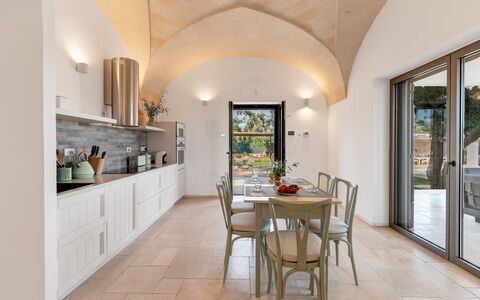 Villa Belkis 6: Interior Design, Flooring, Furniture, Ceiling, Kitchen & Dining Room Table, Chair, Tile, Houseplant, Design, Kitchen