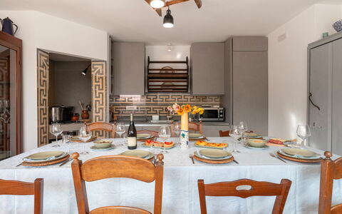 Villa Giari 8: Furniture, Interior Design, Flooring, Wood, Kitchen, Countertop, Ceiling, Room, Kitchen & Dining Room Table, Table
