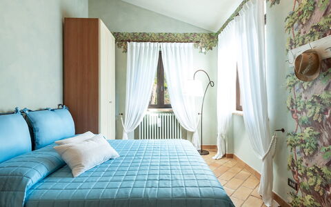 Villa Isotta 8+4: Furniture, Interior Design, Bedroom, Bed, Floor, Flooring, Room, Linens, Wood, Bedding