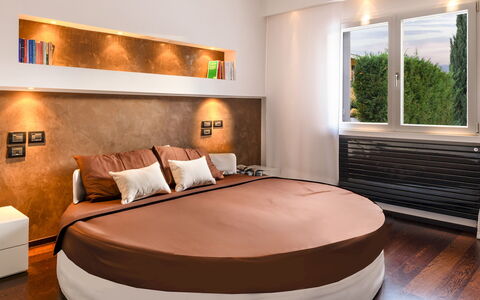 Villa Vae Victis 6: Bed, Furniture, Interior Design, Bedroom, Bedding, Bed Sheet, Wall, Flooring, Floor, Wood