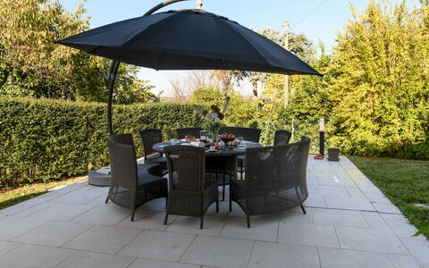 Villa Vae Victis 6: Umbrella, Furniture, Outdoor Furniture, Outdoor Table, Table, Shade, Chair, Garden, Patio, Flagstone