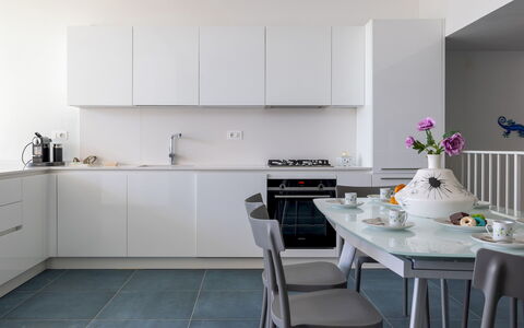 Villa Ristola 6: Kitchen, Countertop, Furniture, Kitchen Appliance, Interior Design, Flooring, Cabinetry, Major Appliance, Home, Floor