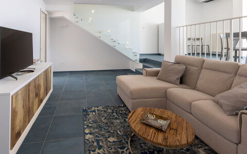 Villa Ristola 6: Interior Design, Flooring, Furniture, Couch, Floor, Wood, Living Room, Ceiling, Room, Apartment