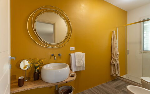Dimora degli Ulivi 10: Plumbing Fixture, Wall, Interior Design, Bathroom, Yellow, Bathroom Sink, Flooring, Wood, Floor, Sink