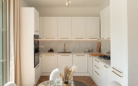 Casa Amare 4+2: Kitchen, Countertop, Kitchen Appliance, Interior Design, Flooring, Cabinetry, Wood, Major Appliance, Furniture, Floor