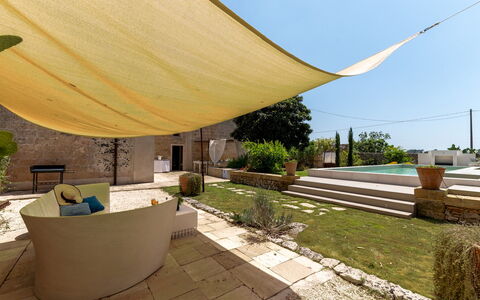 Masseria Muto 6: Shade, Swimming Pool, Outdoor Furniture, Flagstone, Hacienda, Backyard, Outdoor Structure, Chair, Courtyard, Tile