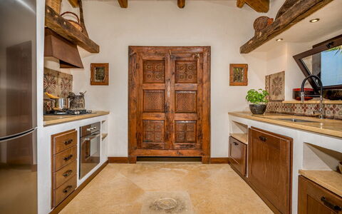 Villa Ashram 6: Wood, Flooring, Cabinetry, Interior Design, Furniture, Brown, Ceiling, Countertop, Floor, Kitchen