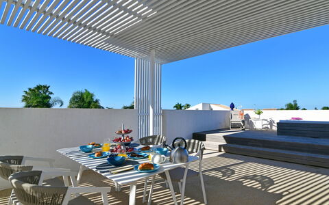 Villa Il Melograno 4+2: Architecture, Shade, Composite Material, Urban Design, Outdoor Furniture, Eco Hotel, Balcony, Landscaping, Outdoor Structure, Patio
