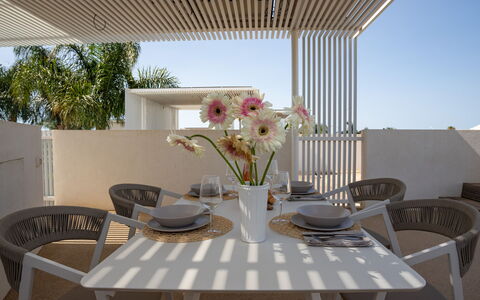 Villa Mandorlo 4: Furniture, Balcony, Chair, Shade, Outdoor Furniture, Apartment, Design, Houseplant, Kitchen & Dining Room Table, Patio