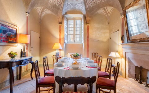 Palazzo Pozzo Bonelli 14: Furniture, Interior Design, Ceiling, Table, Chair, Lighting, Flooring, Dining Room, Room, Light Fixture