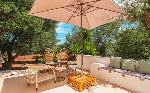Casale di Amelì 5: Furniture, Outdoor Furniture, Chair, Table, Outdoor Table, Umbrella, Shade, Garden, Flowerpot, Patio