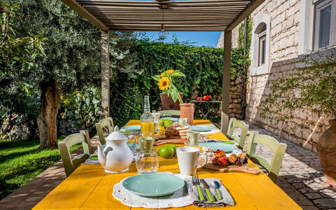 Villa Ramunna 6: Furniture, Table, Chair, Kitchen & Dining Room Table, Outdoor Furniture, Tableware, Tablecloth, Outdoor Table, Interior Design, Dining Room