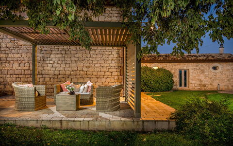 Villa Ramunna 6: Wood, Furniture, Outdoor Furniture, Garden, Land Lot, Shade, Backyard, Brick, Chair, Patio