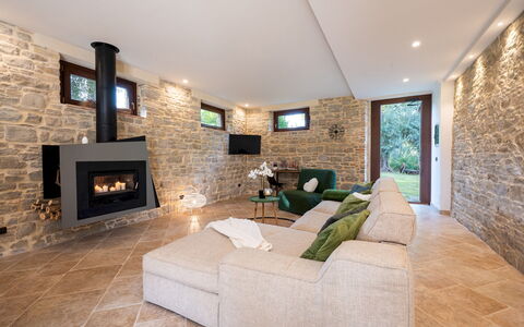Villa Cherubini 8+1: Flooring, Interior Design, Wall, Furniture, Floor, Couch, Wood, Ceiling, Living Room, Stone Wall