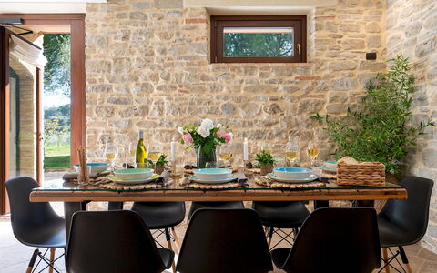 Villa Cherubini 8+1: Furniture, Interior Design, Wall, Table, Chair, Wood, Flooring, Kitchen & Dining Room Table, Dining Room, Lighting