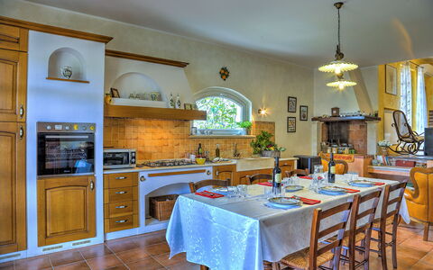 Villa Ipazia 6: Furniture, Interior Design, Kitchen, Ceiling, Countertop, Chair, Flooring, Table, Kitchen & Dining Room Table, Room