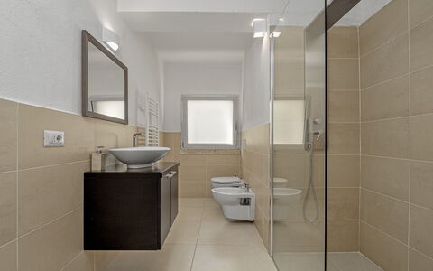 Villa la Maddalena 6+2: Bathroom, Interior Design, Flooring, Plumbing Fixture, Wall, Floor, Bathroom Sink, Sink, Toilet, Ceiling