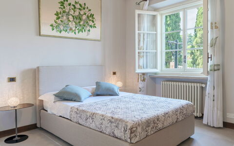 Villa la Cicaliera 10: Bedroom, Bed, Textile, Bed Sheet, Bedding, Linens, Furniture, Interior Design, Bed Frame, Floor