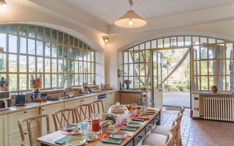 Villa la Cicaliera 10: Furniture, Interior Design, Table, Chair, Kitchen & Dining Room Table, Flooring, Lighting, Ceiling, Kitchen, Dining Room