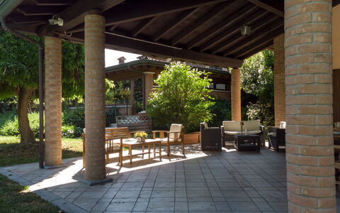 Villa Valchero 12: Wood, Column, Shade, Furniture, Porch, Garden, Outdoor Structure, Outdoor Furniture, Landscaping, Backyard