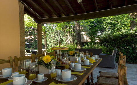 Villa Valchero 12: Furniture, Chair, Table, Wood, Interior Design, Kitchen & Dining Room Table, Ceiling, Restaurant, Shade, Dining Room