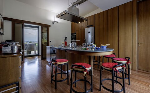 Villa Amyra 6+2: Furniture, Interior Design, Flooring, Wood, Kitchen, Floor, Table, Ceiling, Lighting, Chair