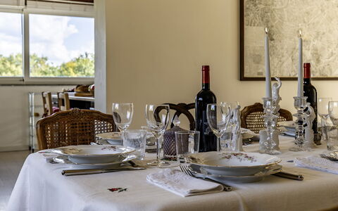 Villa Sparta 8+2: Furniture, Tableware, Stemware, Interior Design, Table, Drinkware, Tablecloth, Textile, Dining Room, Chair