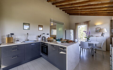 Villa Sparta 8+2: Furniture, Interior Design, Kitchen, Countertop, Kitchen Appliance, Flooring, Chair, Cabinetry, Home, Room
