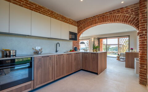 Cascina Buzio 12: Kitchen, Wood, Interior Design, Furniture, Countertop, Flooring, Ceiling, Brick, Cabinetry, Room