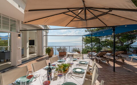Casa Chiara 6+2: Furniture, Chair, Outdoor Furniture, Table, Outdoor Table, Kitchen & Dining Room Table, Shade, Sea, Resort, Umbrella