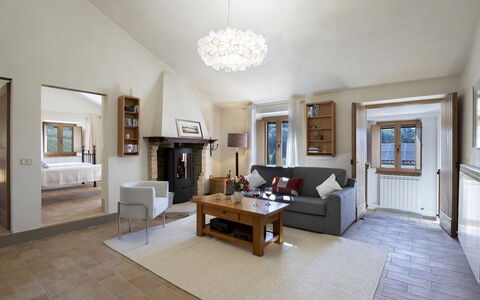 Casale la Cascina 8: Furniture, Interior Design, Couch, Flooring, Wall, Floor, Ceiling, Living Room, Wood, Room